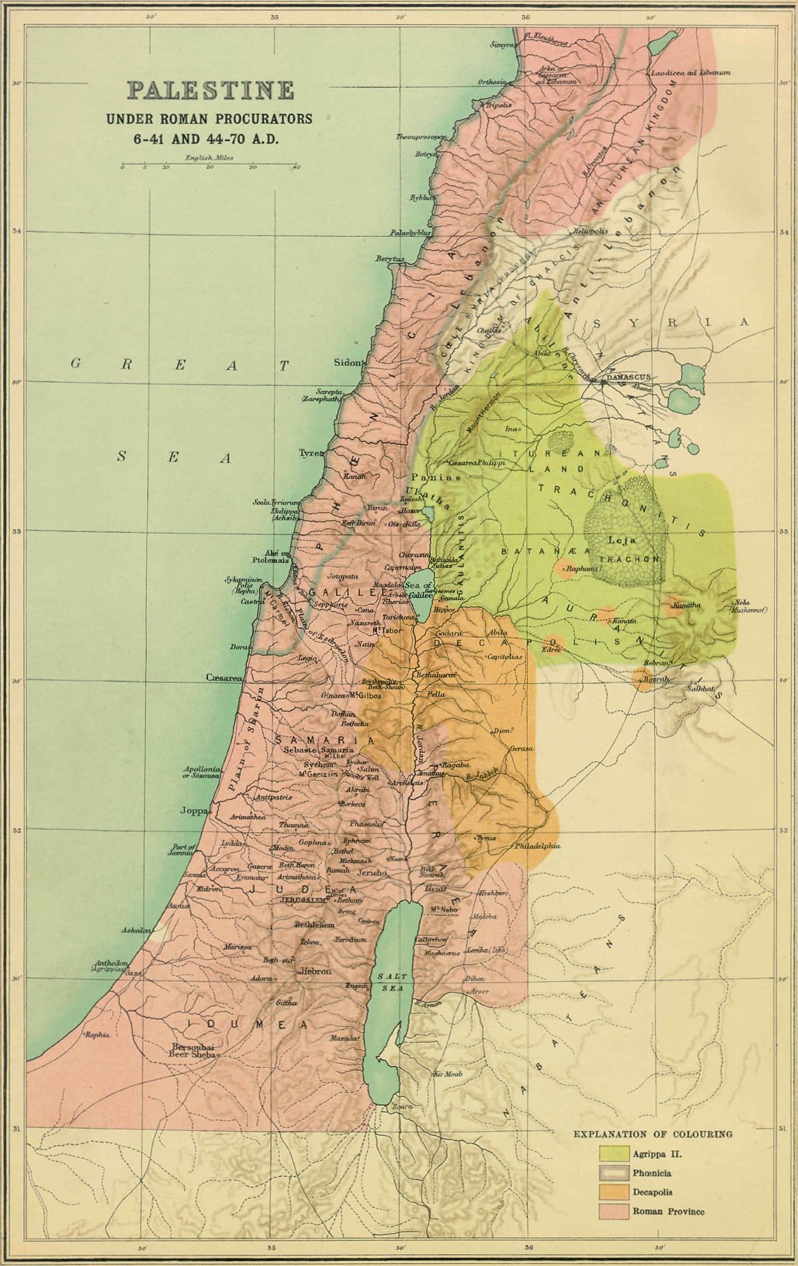 Four colours divide the province. The key names Agrippa's land, Phoenicia, the Decapolis and the Roman province itself.