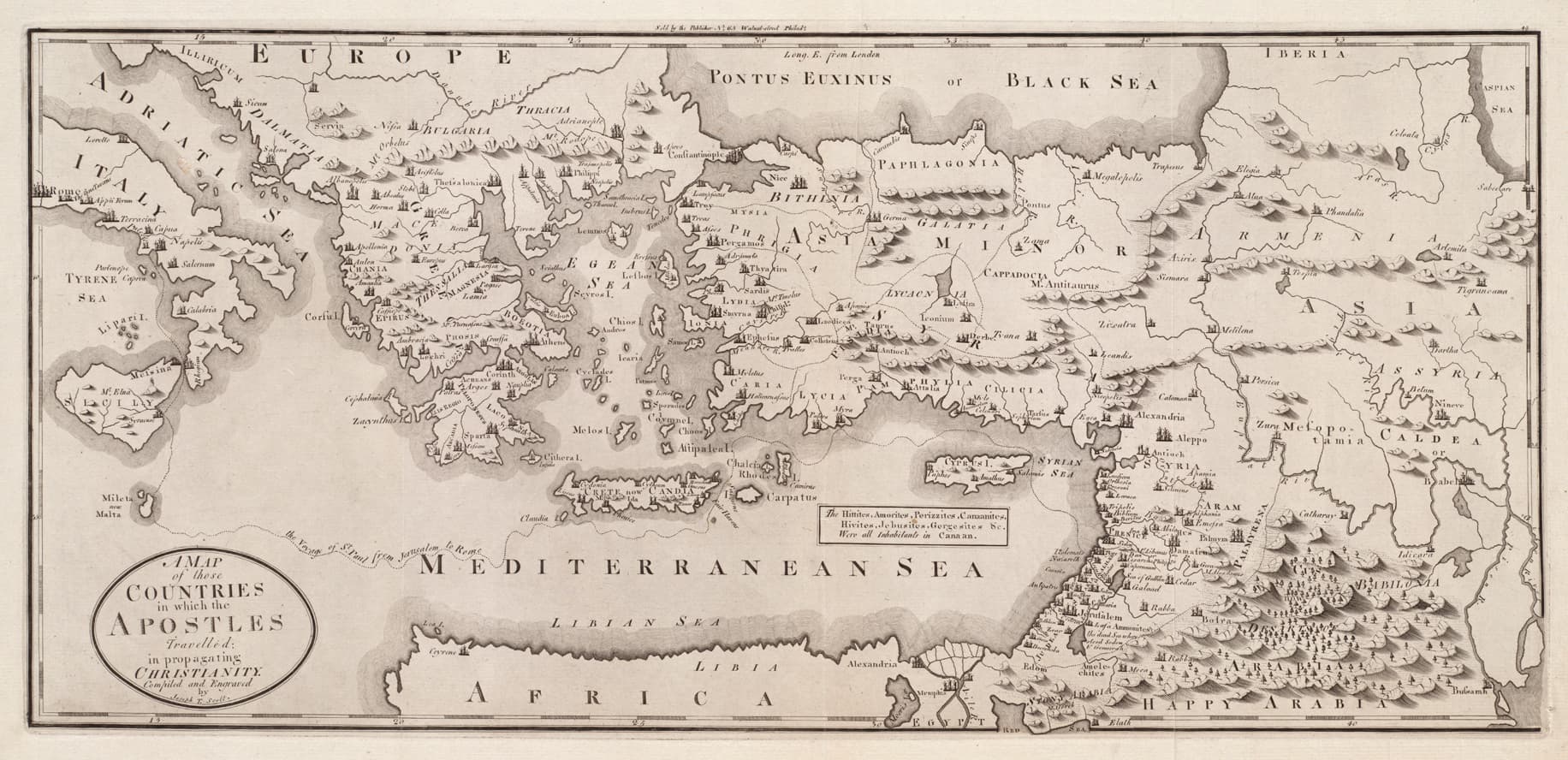 A copper engraving in grey ink spans Italy to Arabia. Hatched lines stand for the hills, and the provinces are lettered.