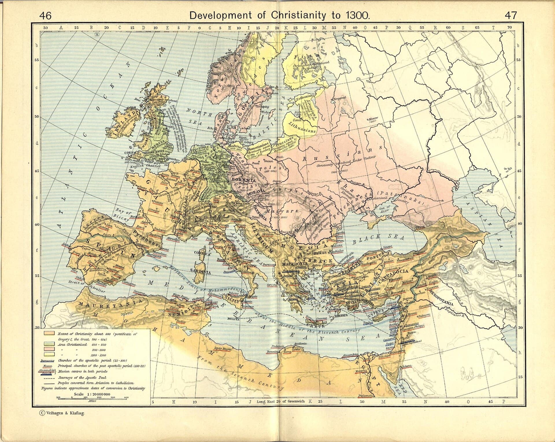 Tinted bands date the church's spread over Europe and North Africa. The last band closes at 1300.