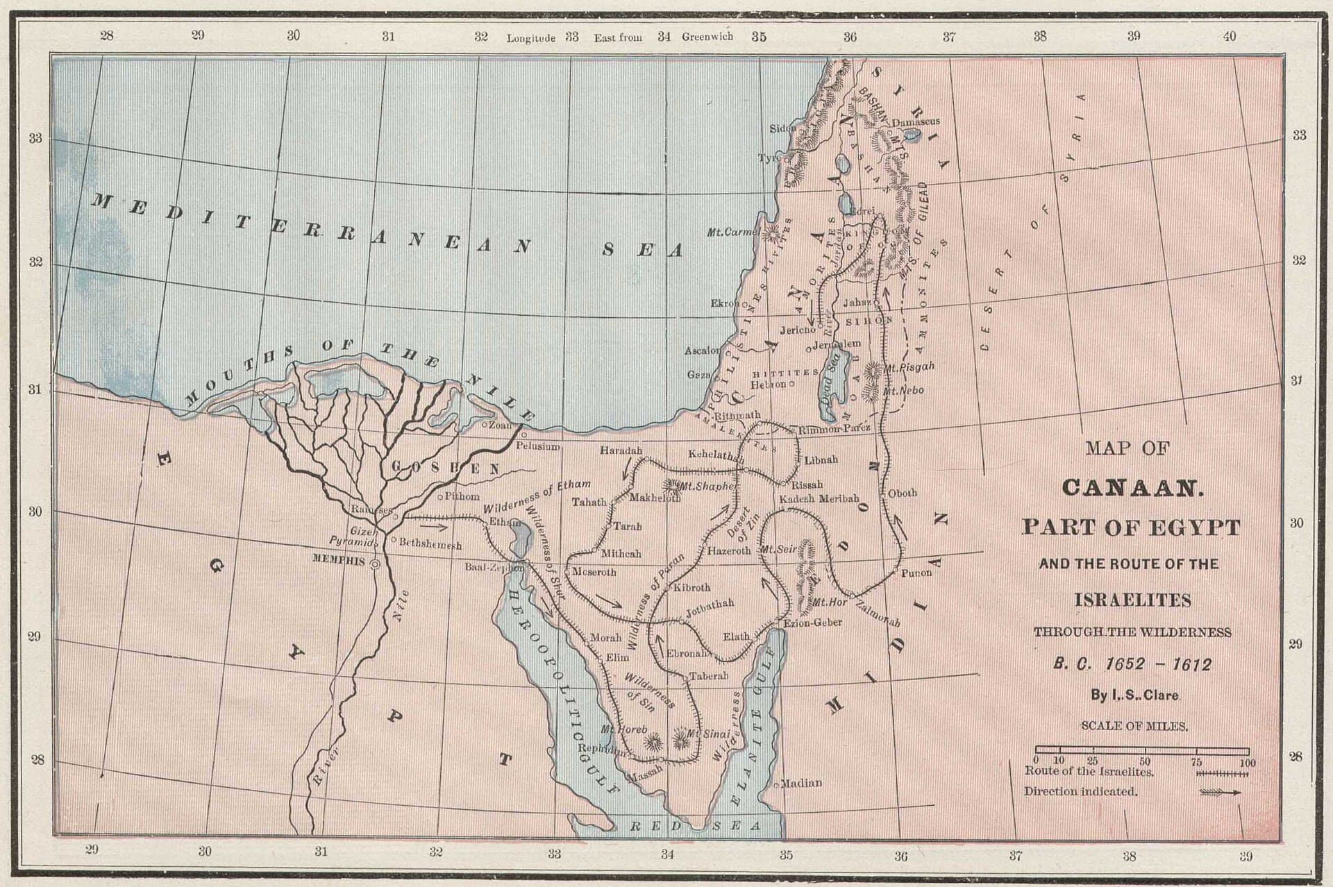 A dotted line traces one route from Goshen to Sinai. It turns north to Kadesh, and the camps are named along it.