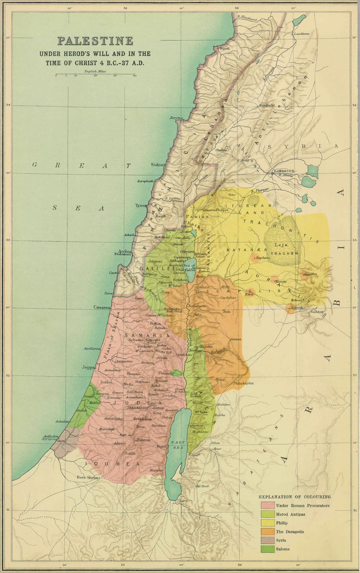 Six colours mark Herod's will in force. The procurators hold Judea. Antipas holds Galilee, and Philip the north east.