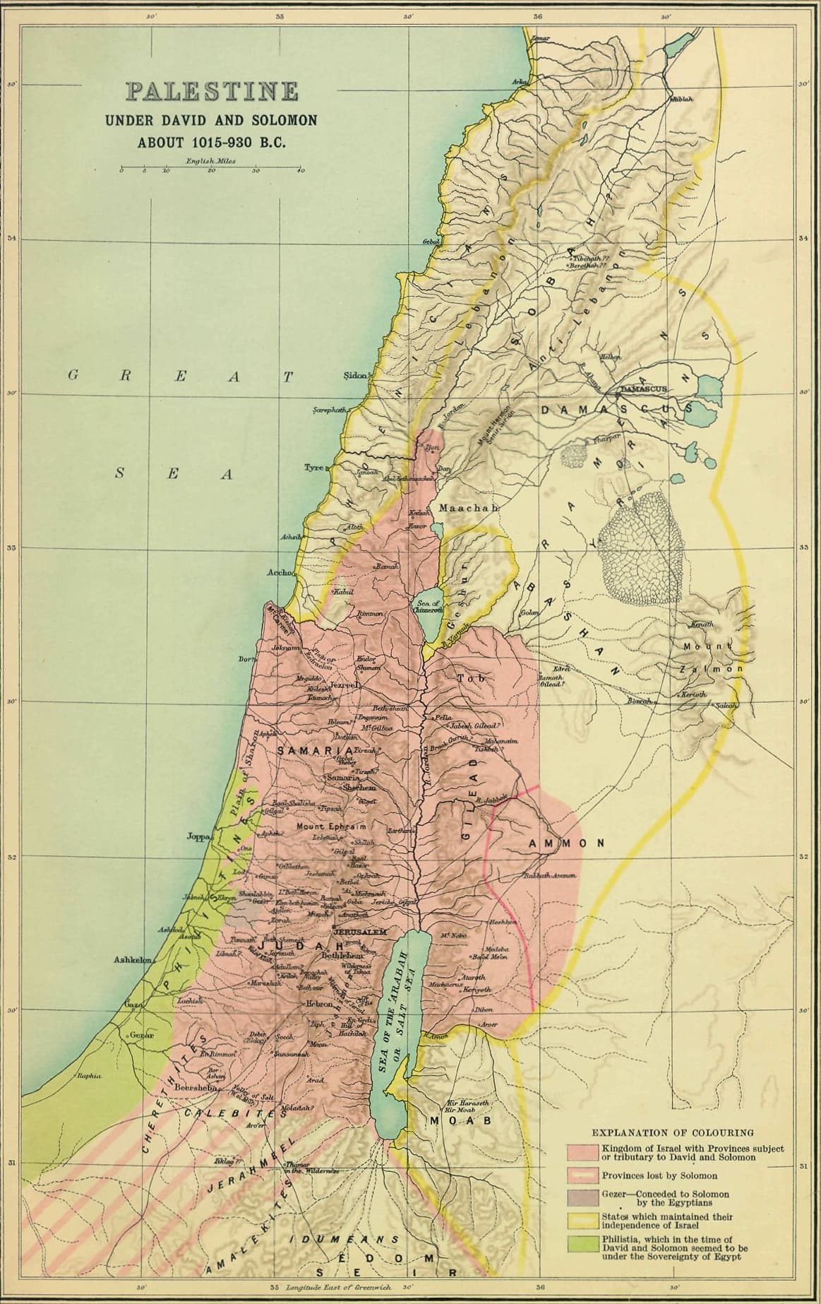 A colour key separates the kingdom from the tribute lands. The key also marks the provinces Solomon lost and the states that stayed free.