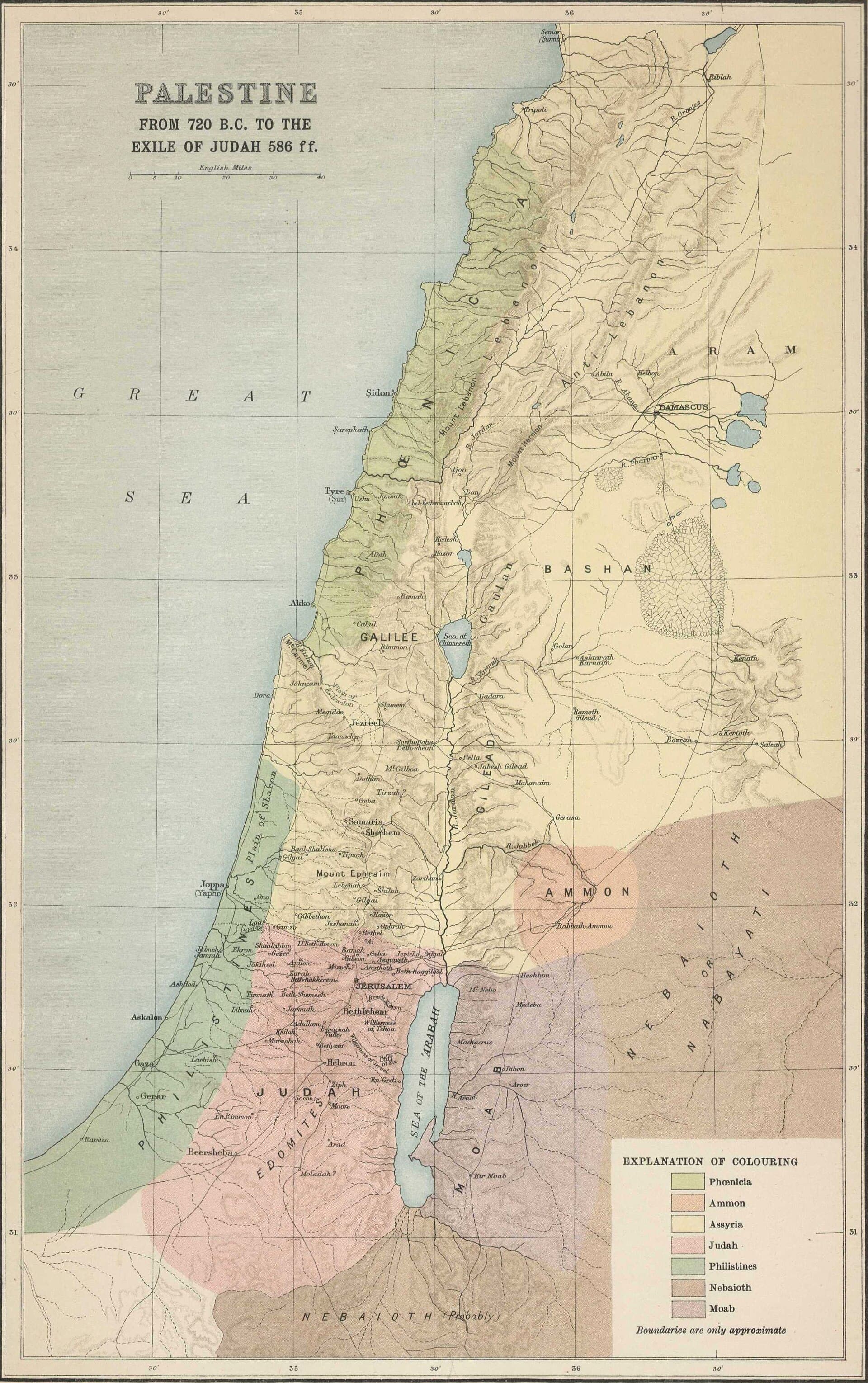 Seven colours divide the land. Each of Judah, Assyria, Phoenicia, Philistia, Ammon, Moab and Nebaioth takes one.