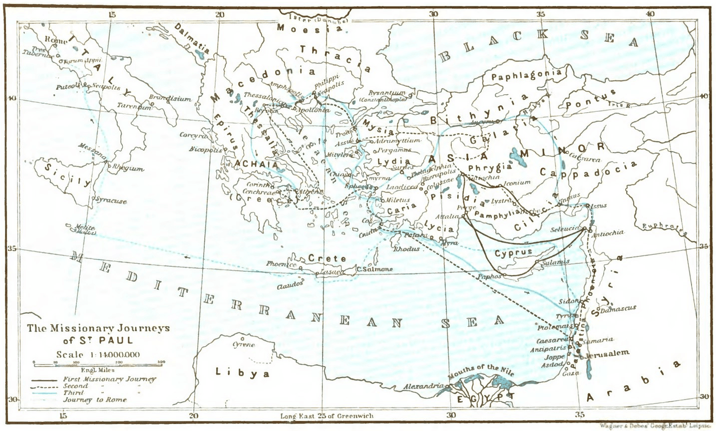Four line styles separate the routes. Three trace the missions, and the fourth traces the passage to Rome.