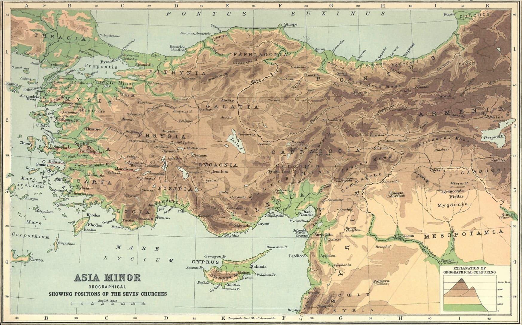 Relief shading raises the mountains of Asia Minor. The plate marks the seven churches in its western provinces.