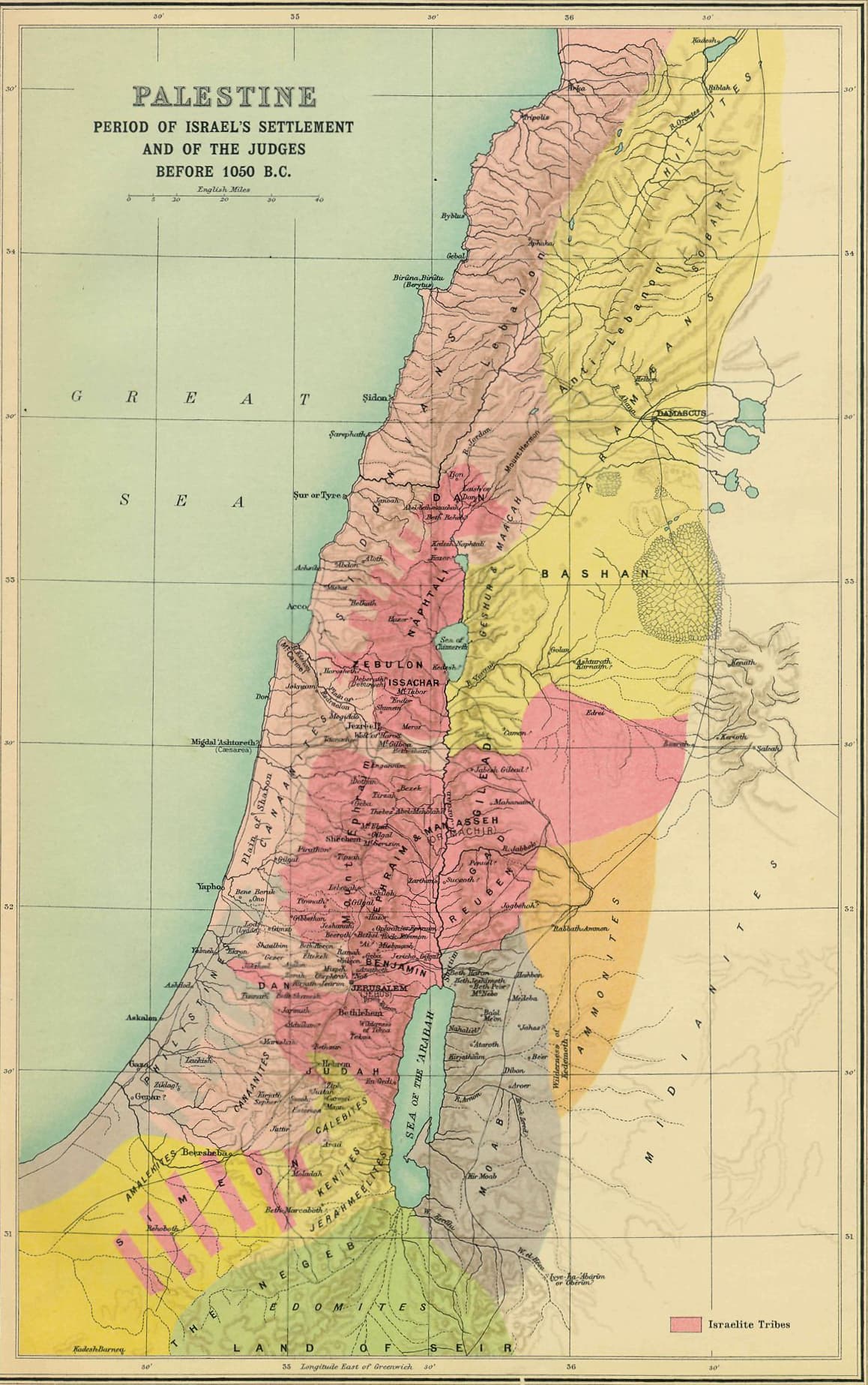 A pink wash covers the ground the tribes held. The neighbouring peoples stand named around it.