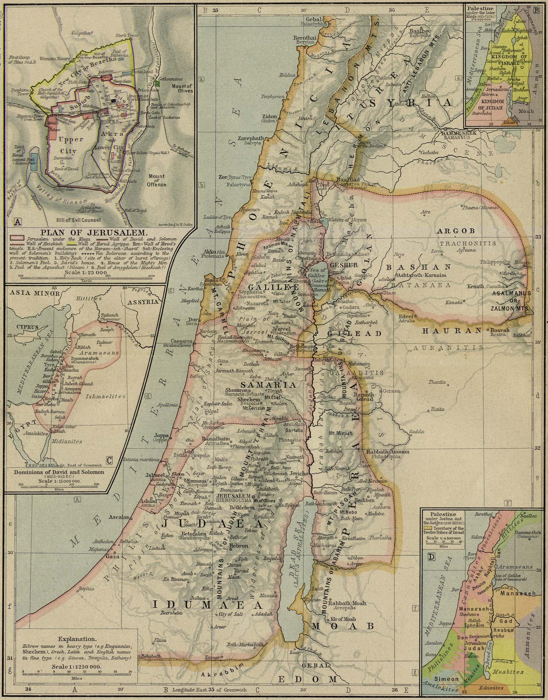 An engraved reference map names the towns of Palestine. Insets add a plan of Jerusalem and the tribal territories.