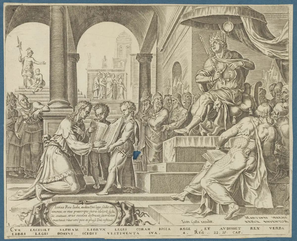 Saphan Reading the Book of the Law to Josiah, Philip Galle, engraving after Maarten van Heemskerck, 1569, Royal Library of Belgium