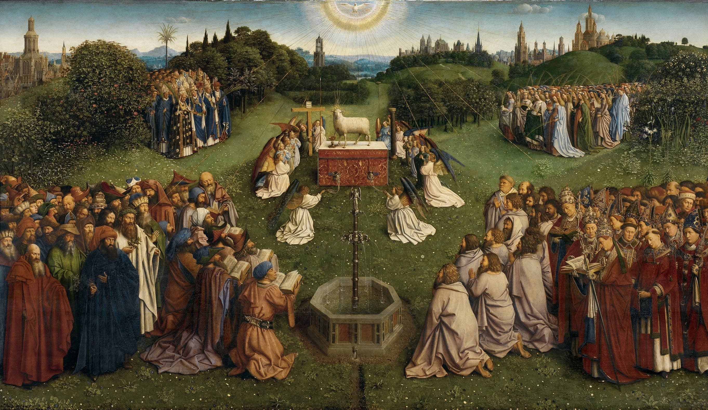 The Lamb standing on the altar at the centre of a green meadow, its blood flowing into a chalice, angels kneeling round the altar, the fountain of life below, the dove in the sky above, and four companies of the redeemed gathered from the corners.