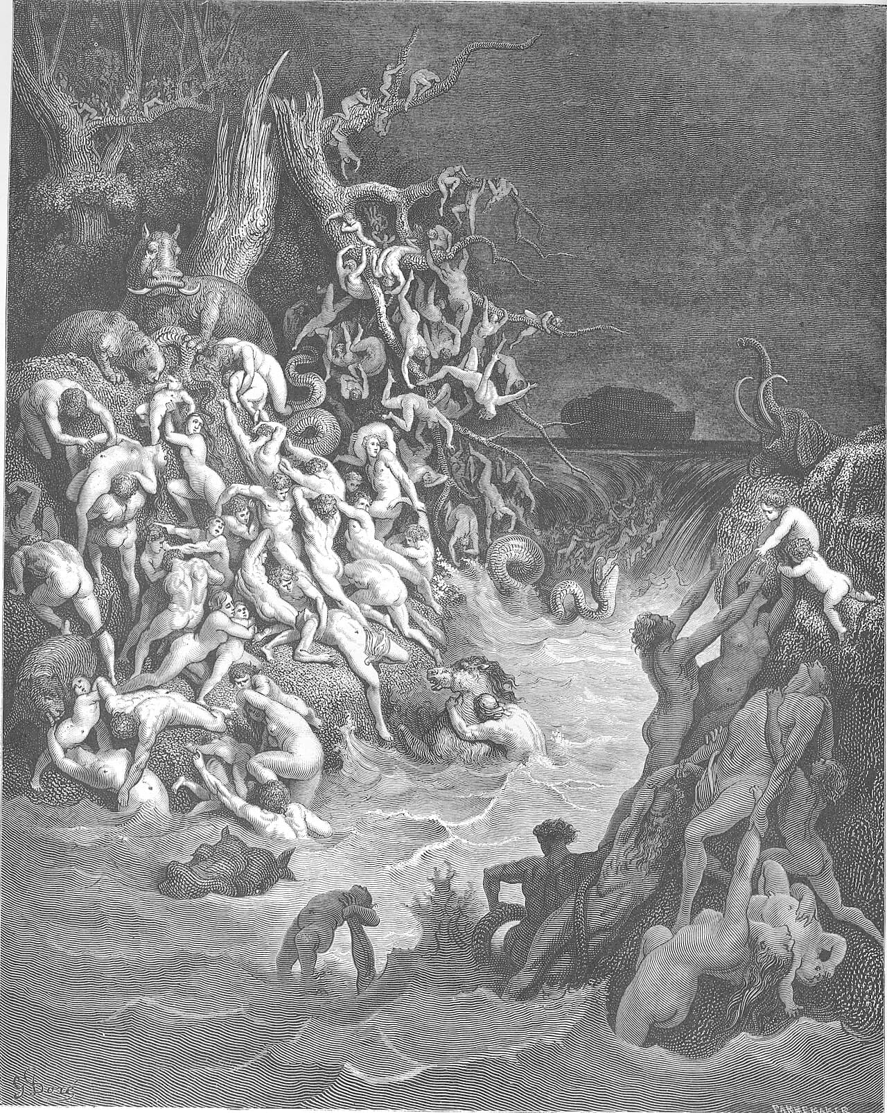 People clinging to a rock as the floodwaters rise over the world, engraving by Gustave Doré.