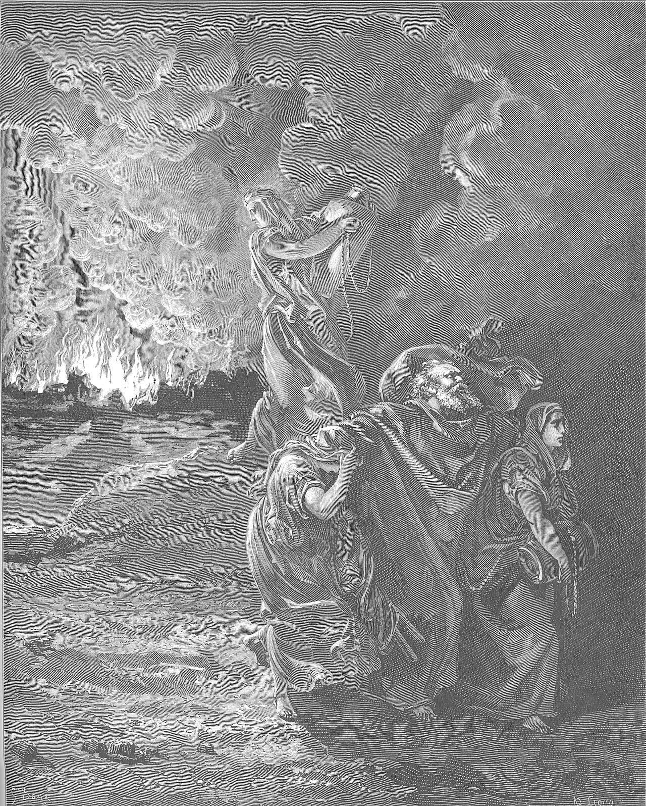 Lot and his daughters fleeing while the cities burn behind them, Genesis 19:24 to 19:26