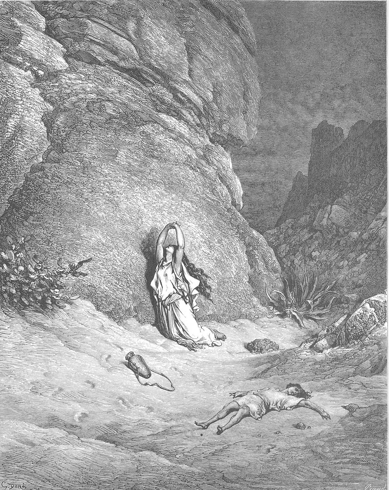 Hagar and the boy in the Wilderness of Beersheba, before God opens her eyes to a well, Genesis 21:15 to 21:19