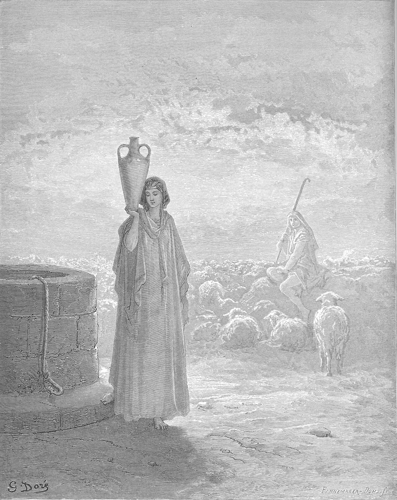 Jacob tends Laban's flocks and meets Rachel. Gustave Doré, 1866.