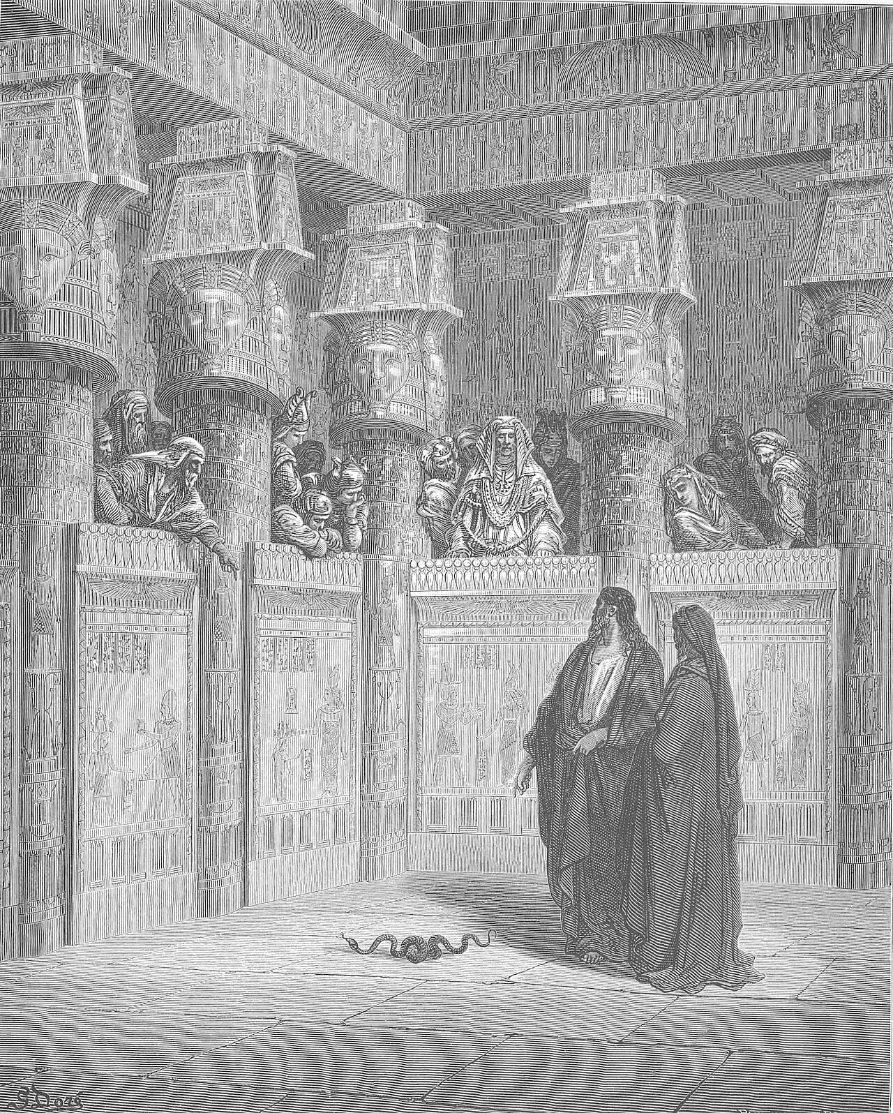 Moses and Aaron Appear before Pharaoh, Gustave Doré, 1866. Public domain.