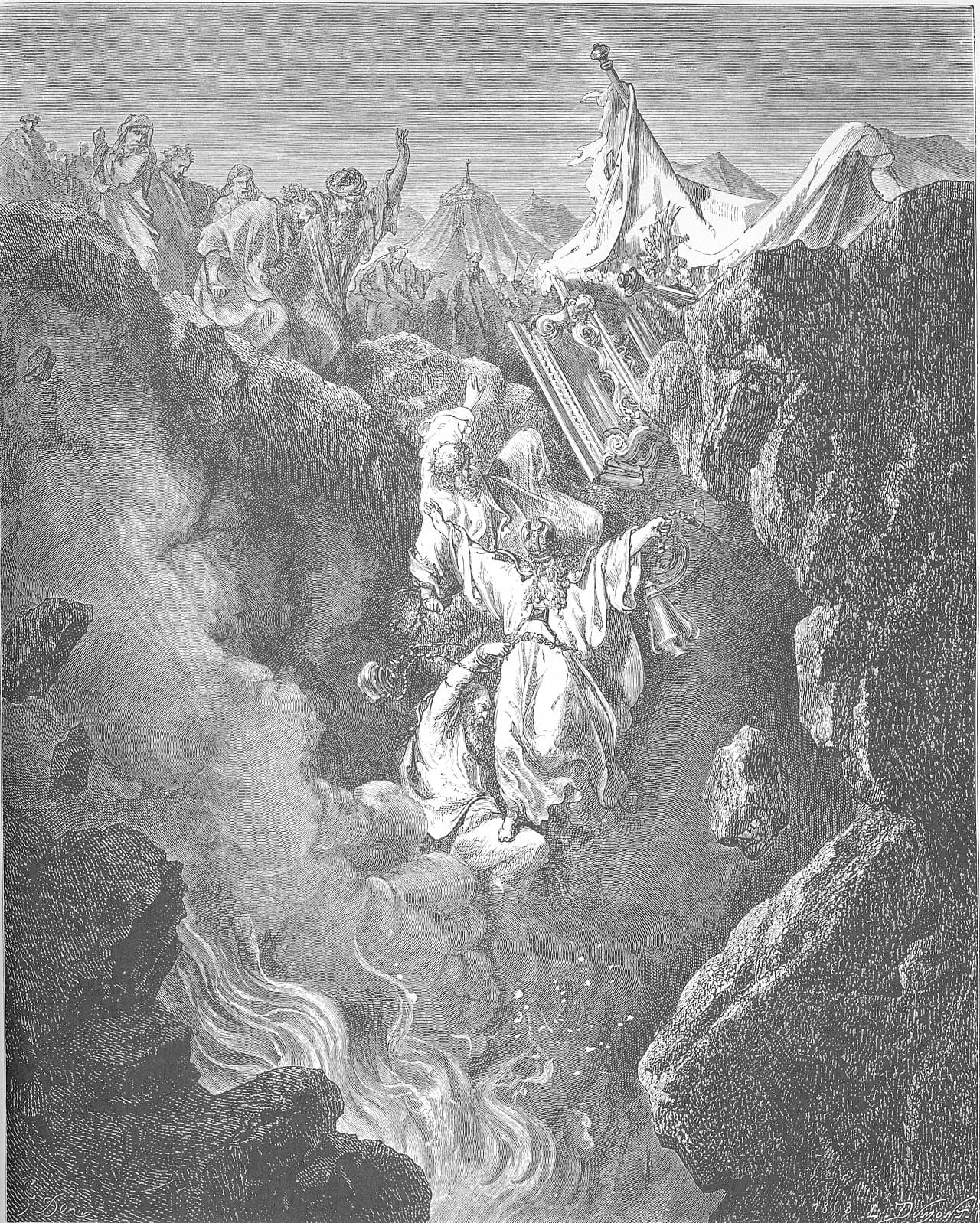 Aaron standing with his censer between the dead and the living as the earth opens under the men who challenged his priesthood, Numbers 16:31 to 16:48. This is not Mount Hor. It is the challenge that the succession on the summit answers, four chapters earlier.