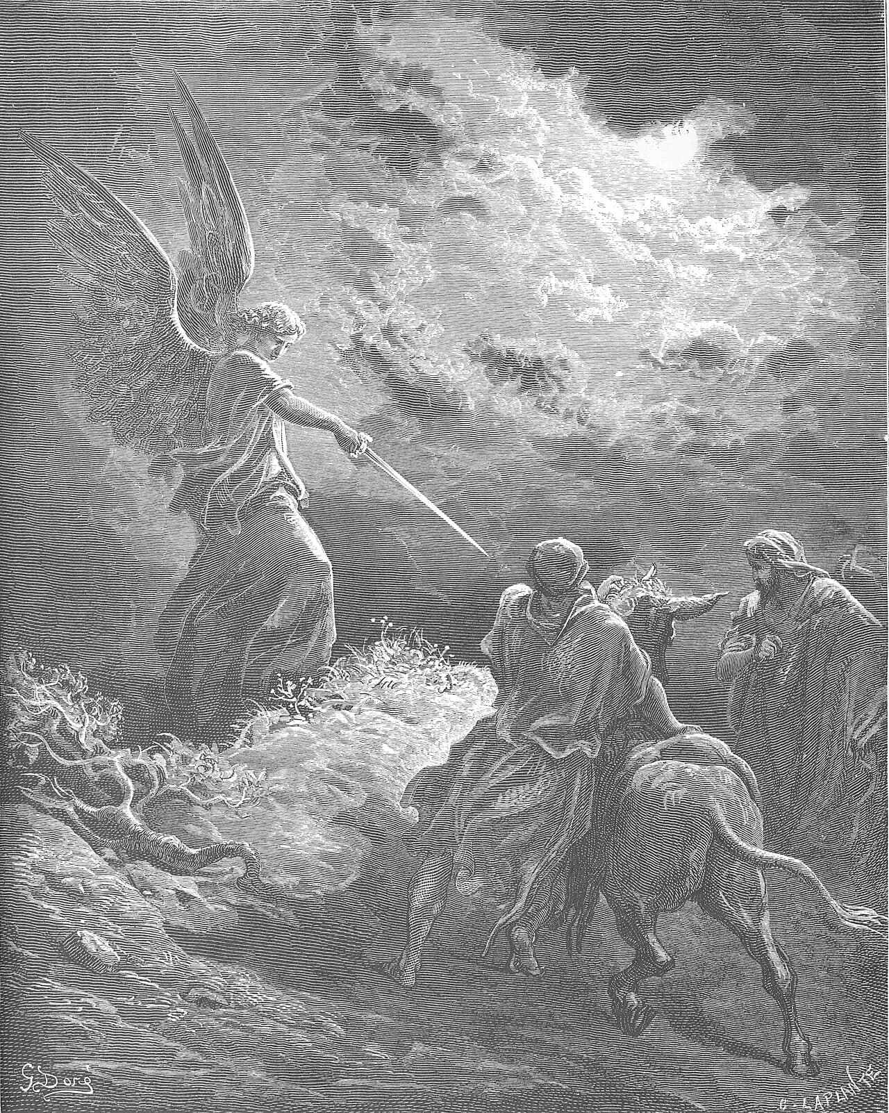 The angel of the LORD stands in the road with a drawn sword, Numbers 22:31