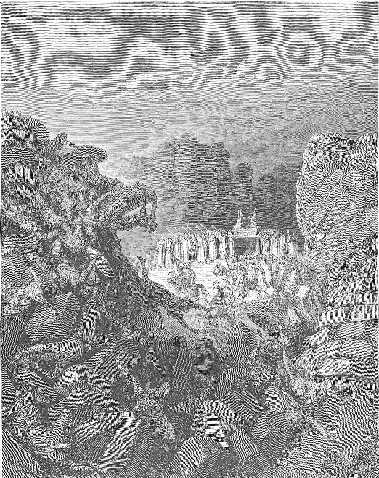 The wall of Jericho breaks apart and falls as a crowd scatters beneath it