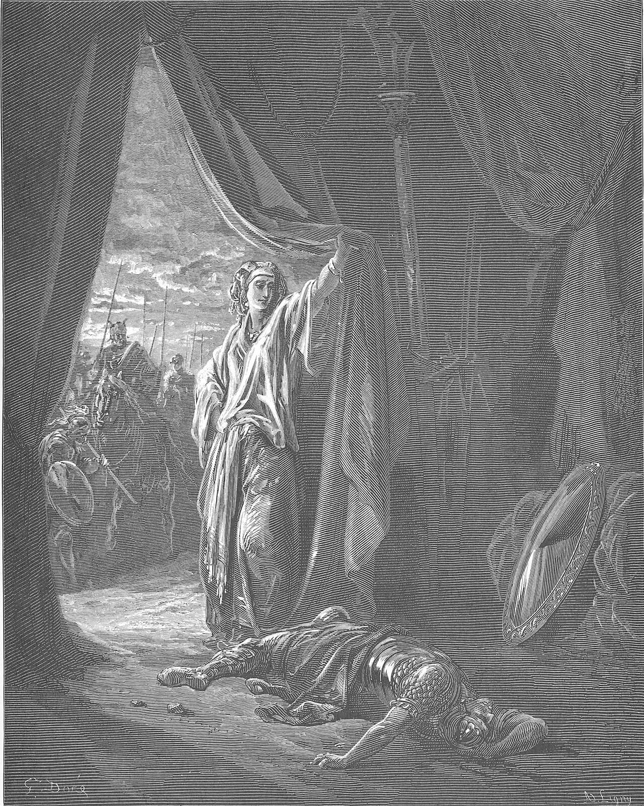 Jael drives the tent peg through Sisera's temple in her tent, Judges 4:21, the end of the day that began on Mount Tabor