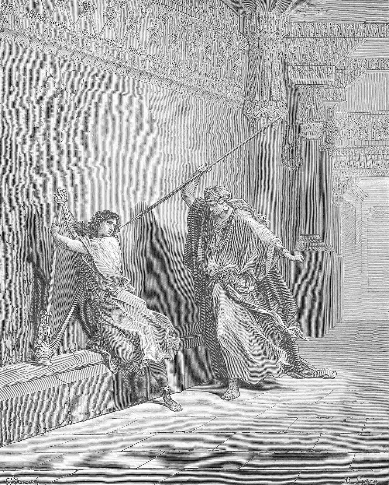 Saul attempts to kill David. Gustave Doré, 1866.