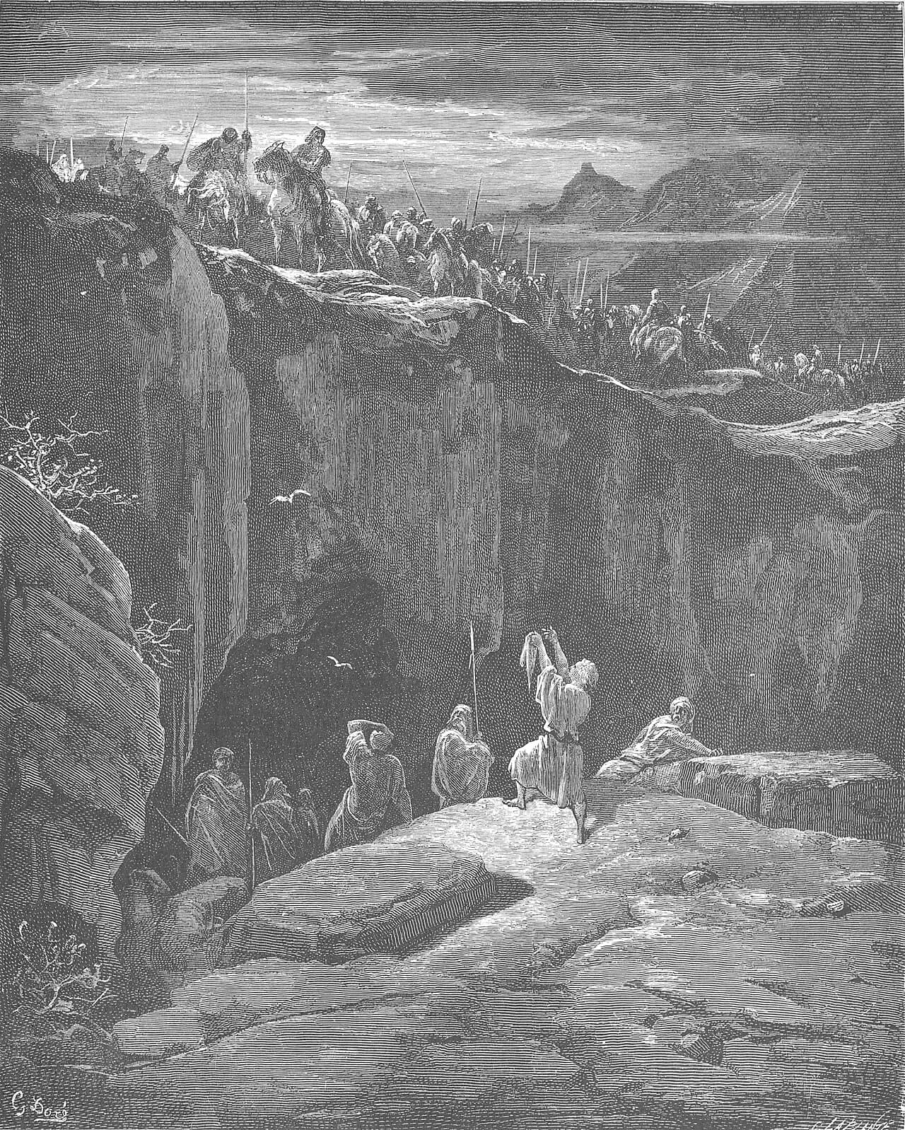 David shows Saul the corner of the robe he cut, proof that he could have killed him in the cave but did not, 1 Samuel 24:11.