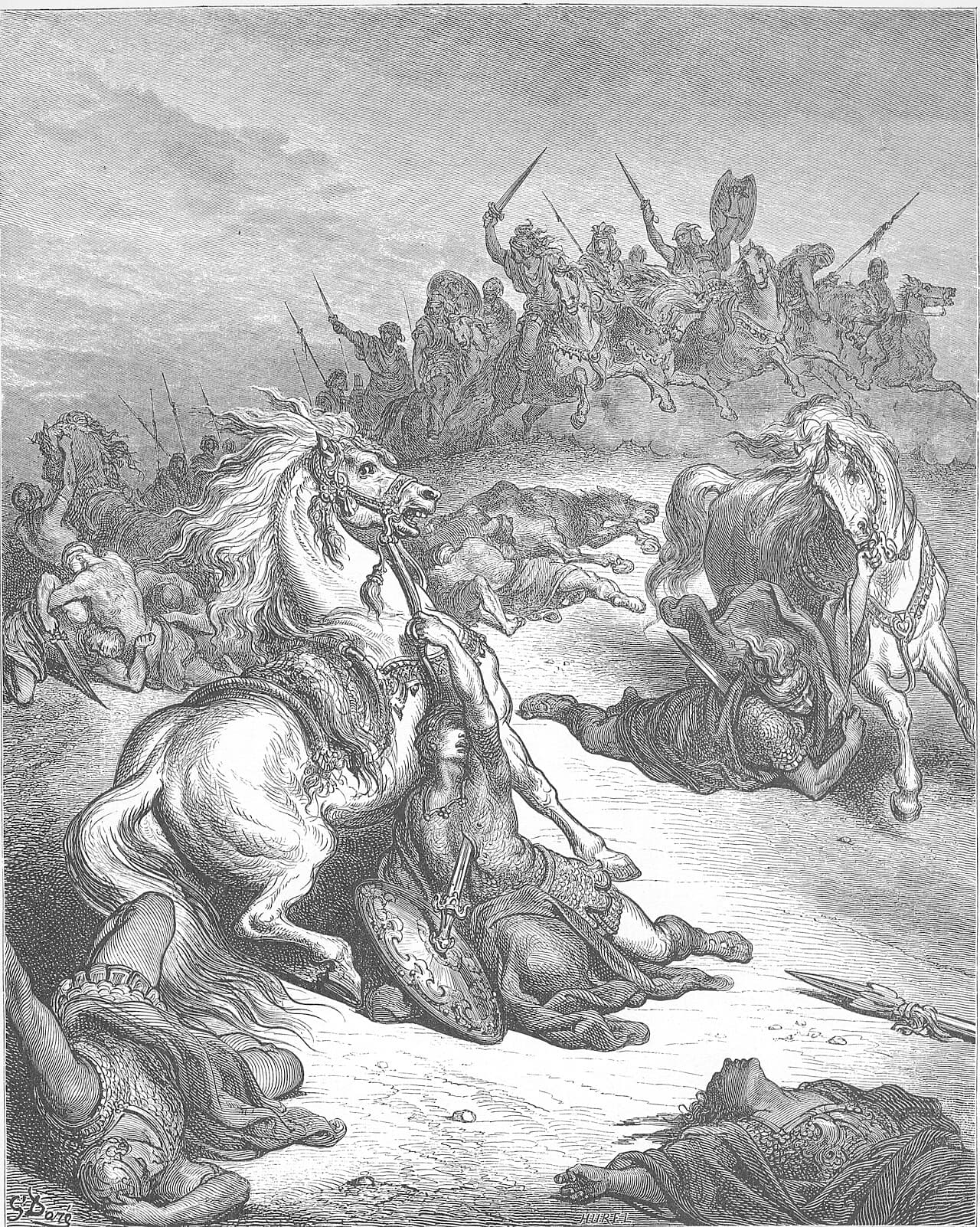 Saul falling on his own sword as the fighting closes on him, 1 Samuel 31:4. The only plate on the site that shows the death itself.