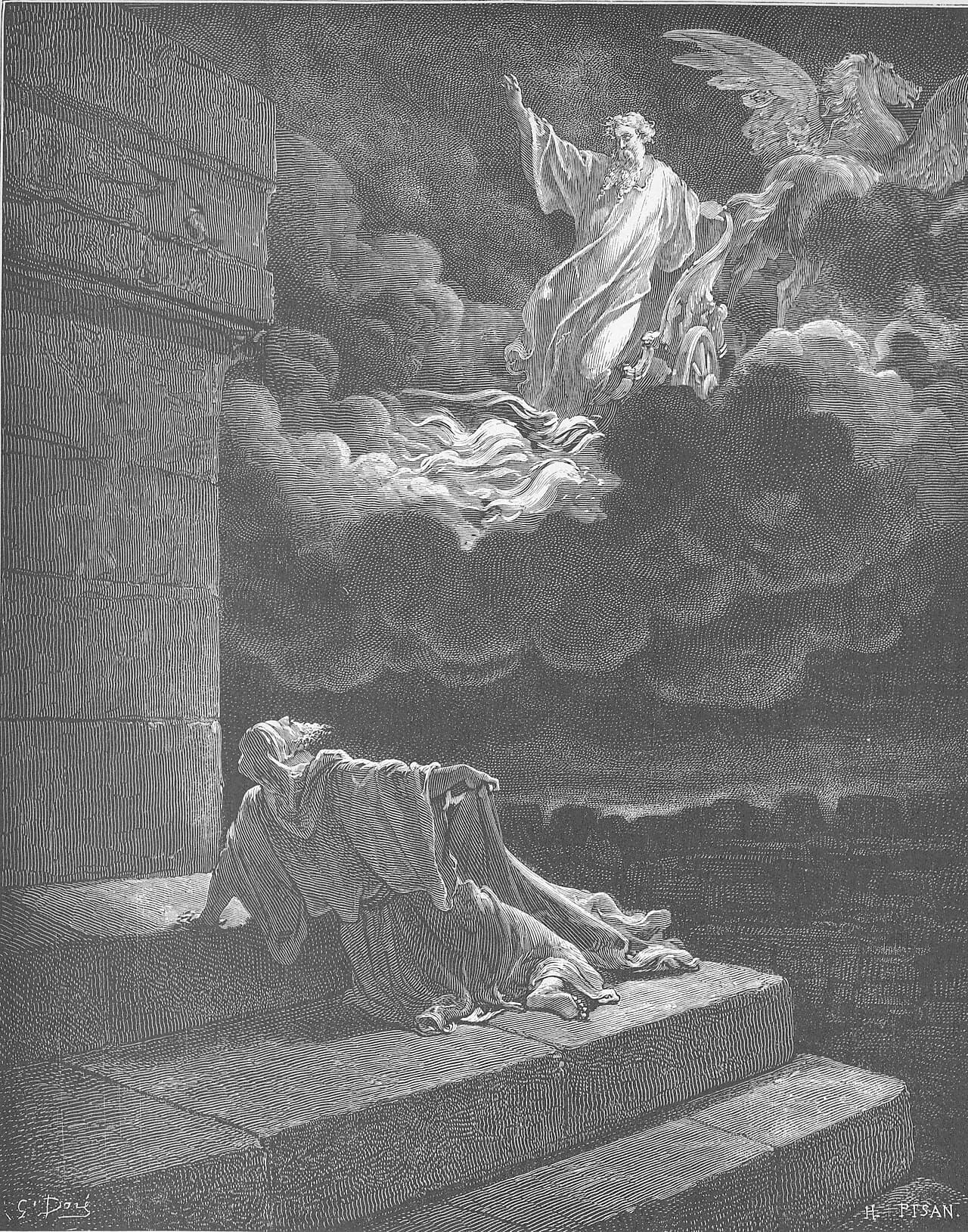 Elijah Ascends to Heaven in a Chariot of Fire, Gustave Doré, 1866. Public domain.