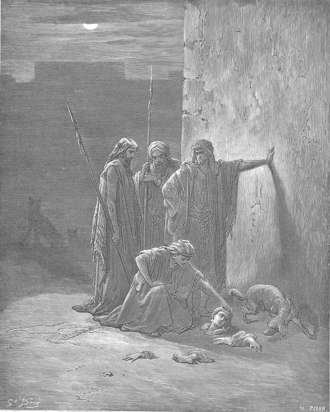 Jehu's Companions Find Jezebel's Remains — Gustave Doré, The Holy Bible (1866), public domain