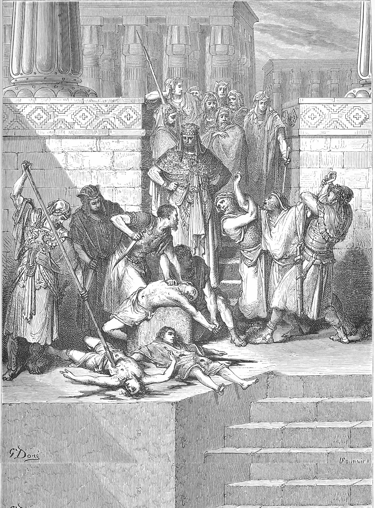 Zedekiah's Sons Are Slaughtered before His Eyes — Gustave Doré, The Holy Bible (1866), public domain
