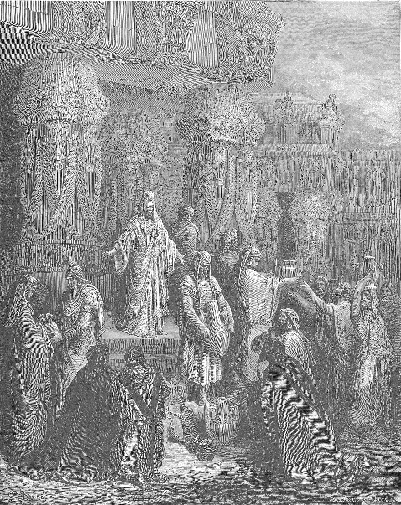 Cyrus Restores the Vessels of the Temple — Gustave Doré, The Holy Bible (1866), public domain