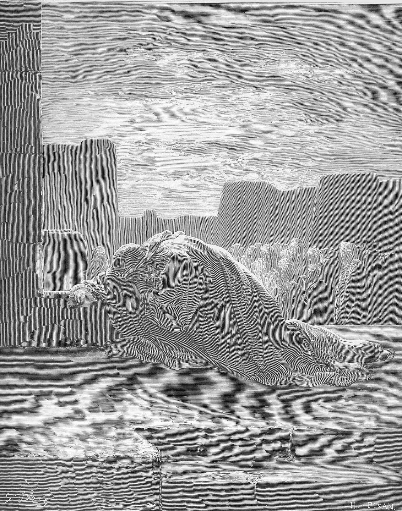 Ezra kneels in prayer. Gustave Doré, 1866.