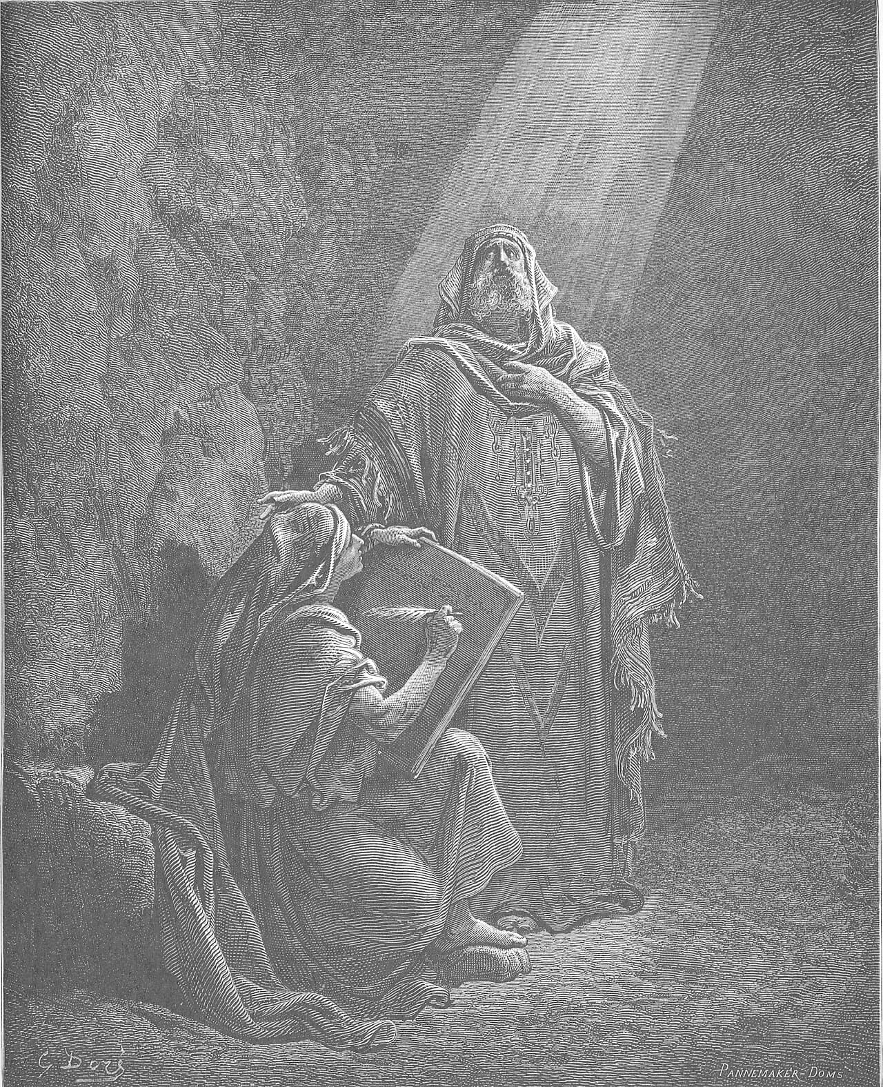 Baruch writes Jeremiah's prophecies. Gustave Doré, 1866.