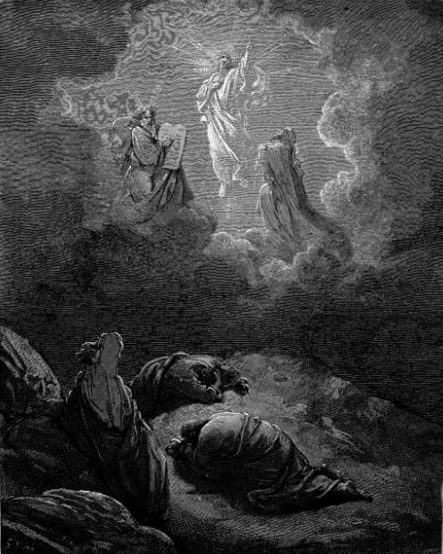 The transfiguration, Moses and Elijah above and the three disciples fallen on the rock below, Matthew 17:1 to 17:8