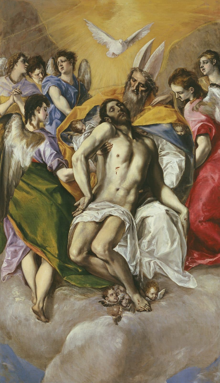 El Greco's Holy Trinity: the Father, robed and wearing a mitre, holds the body of the dead Son on his lap. A white dove hovers above them, and angels gather on either side.