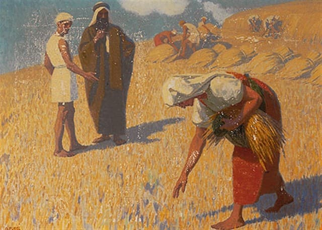 Gebhard Fugel's painting of a woman in a white headcloth and a red skirt bending to pick up stalks in a golden field, an armful of grain at her side, while a bearded man in a dark cloak and a young man in a short tunic stand watching and reapers bind sheaves on the slope behind