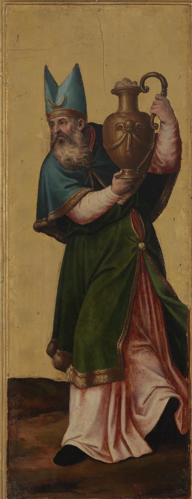 Aaron, white-bearded, strides across a gold ground in a blue two-pointed mitre with a crescent, a blue cape, a green mantle and a white robe, lifting a golden vessel with a curled handle beside his shoulder
