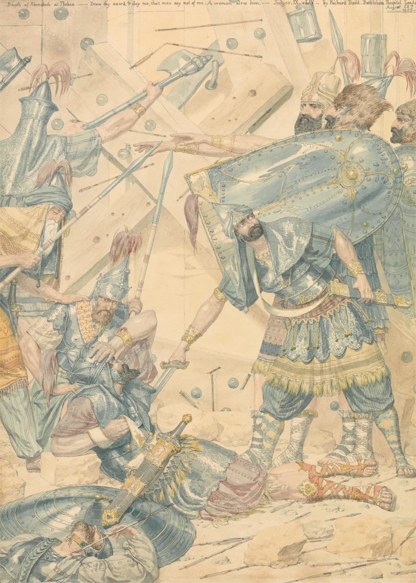 Soldiers in blue armour crowd under a timbered wall struck with arrows and spears, while a fallen king lies across the ground and a warrior above him grips the hilt of a sword
