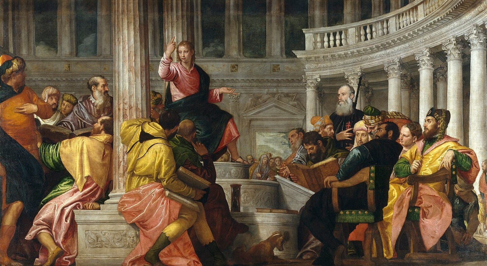 The young Jesus teaches from a raised seat while the doctors of the Law sit around Him with open books. Paolo Veronese, Jesus among the Doctors, about 1560.