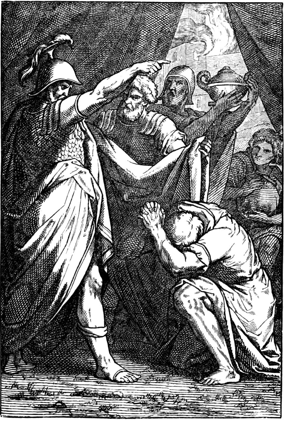 An engraving inside a tent. A helmeted man with a plume stretches out his arm and points, a bearded man in scale armour holds up a large cloak, and a helmeted soldier lifts a lidded vessel. At the right a man kneels with his head bowed and his hands clasped over it, and through the tent opening smoke rises beside a wall.