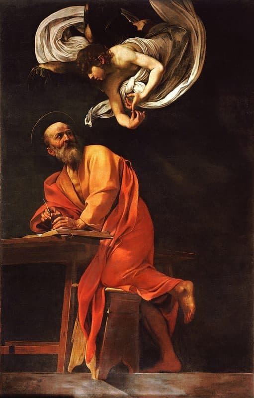Caravaggio's The Inspiration of Saint Matthew: an angel in white drapery hangs in the dark above Matthew, counting on his fingers, while Matthew in an orange cloak leans on a bench with one knee and writes in a book