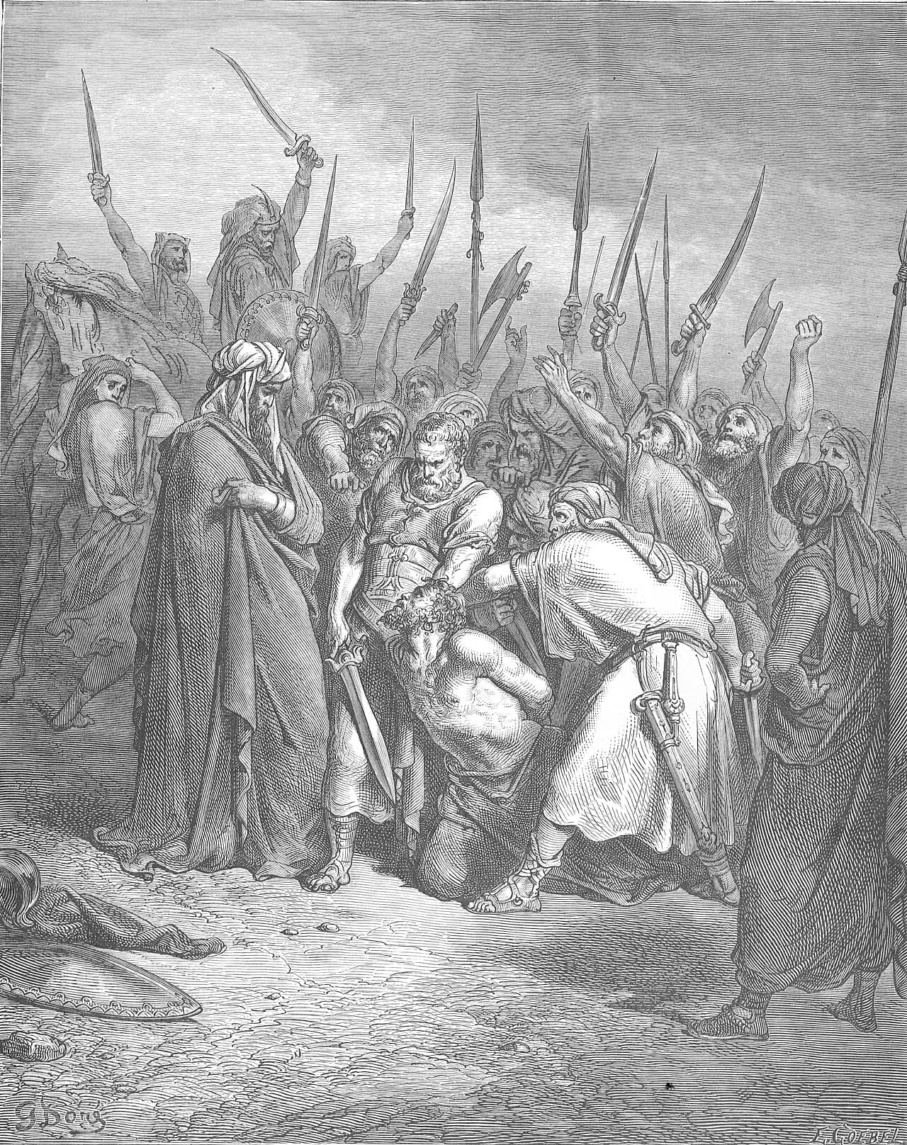 An armed crowd raises spears and swords around a kneeling captive king while an old man in a long cloak stands beside him