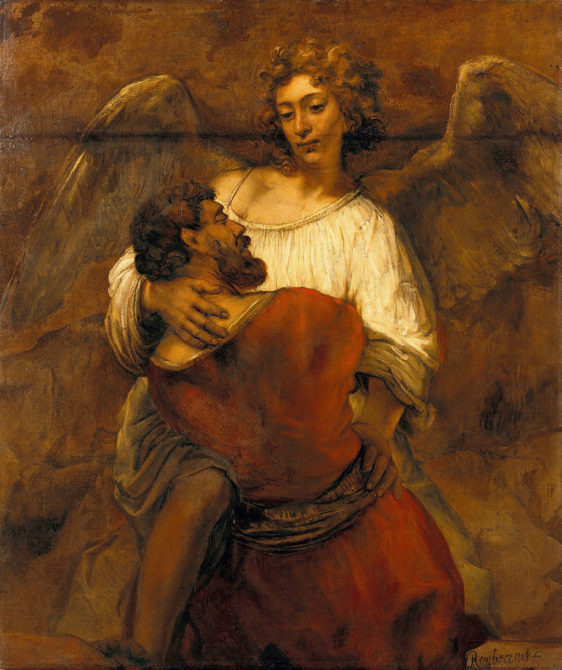 Jacob, bearded and in a red robe, has his back to the viewer and grips the angel around the body. The angel, young, with fair curls, broad wings and a white garment, holds Jacob's head and his hip and looks down at him calmly against a dark brown ground.