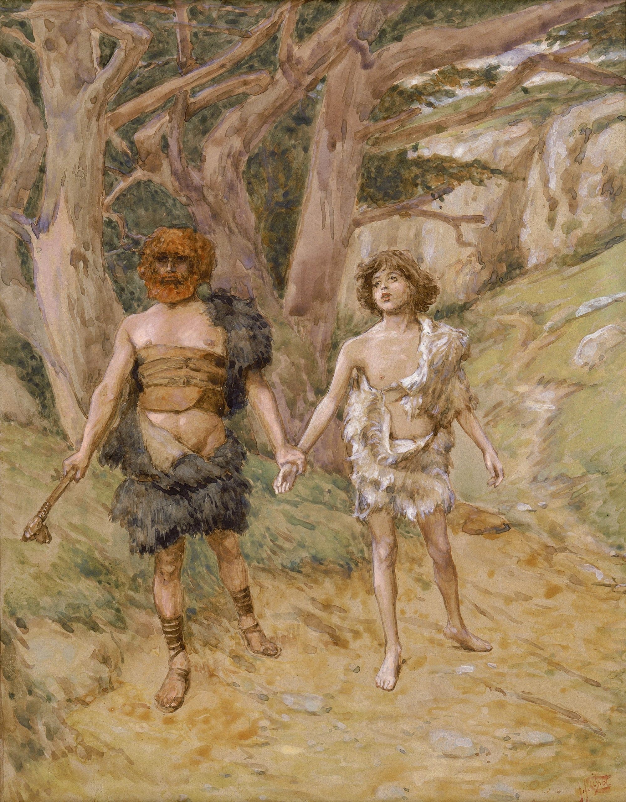 Two young men in animal skins walk hand in hand along a path under bare trees, the older one holding a club at his side.