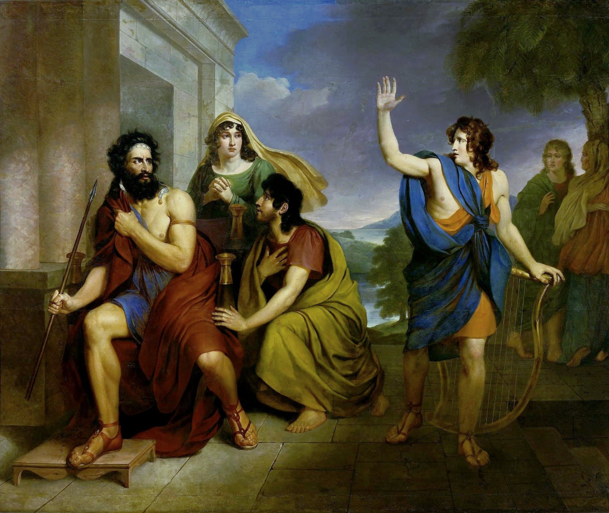 A scowling king sits gripping a spear while a kneeling man and a woman plead with him, and a young man with a harp turns away with his hand raised.