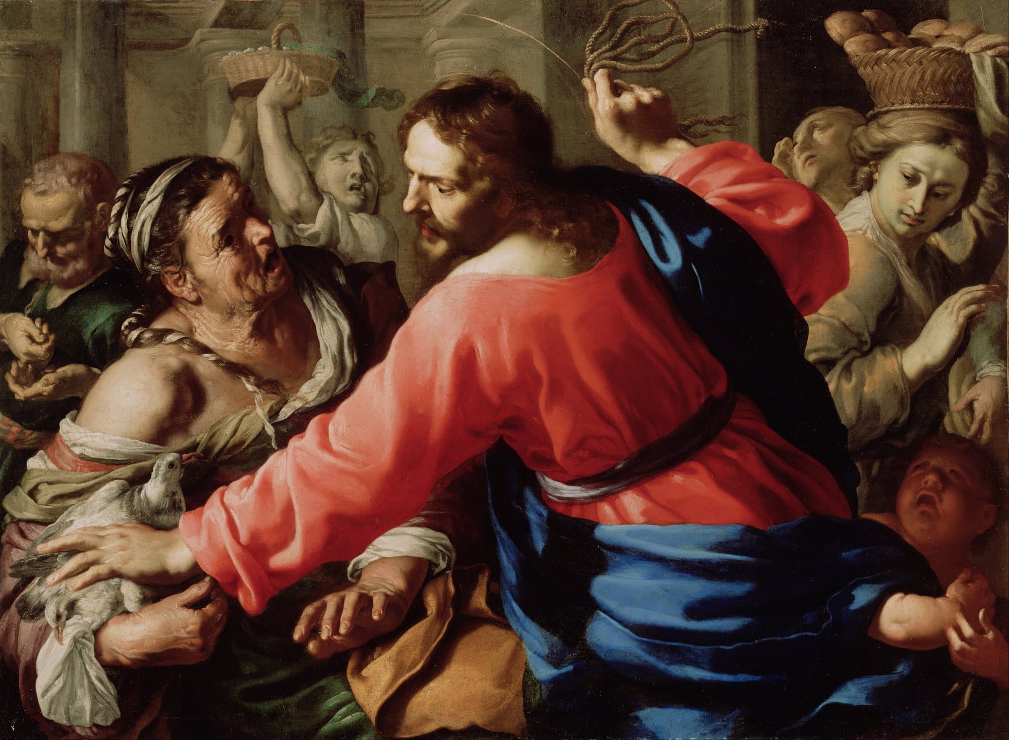 Jesus in a red robe and blue cloak raises a whip of cords as traders and a startled old woman crowd around Him.
