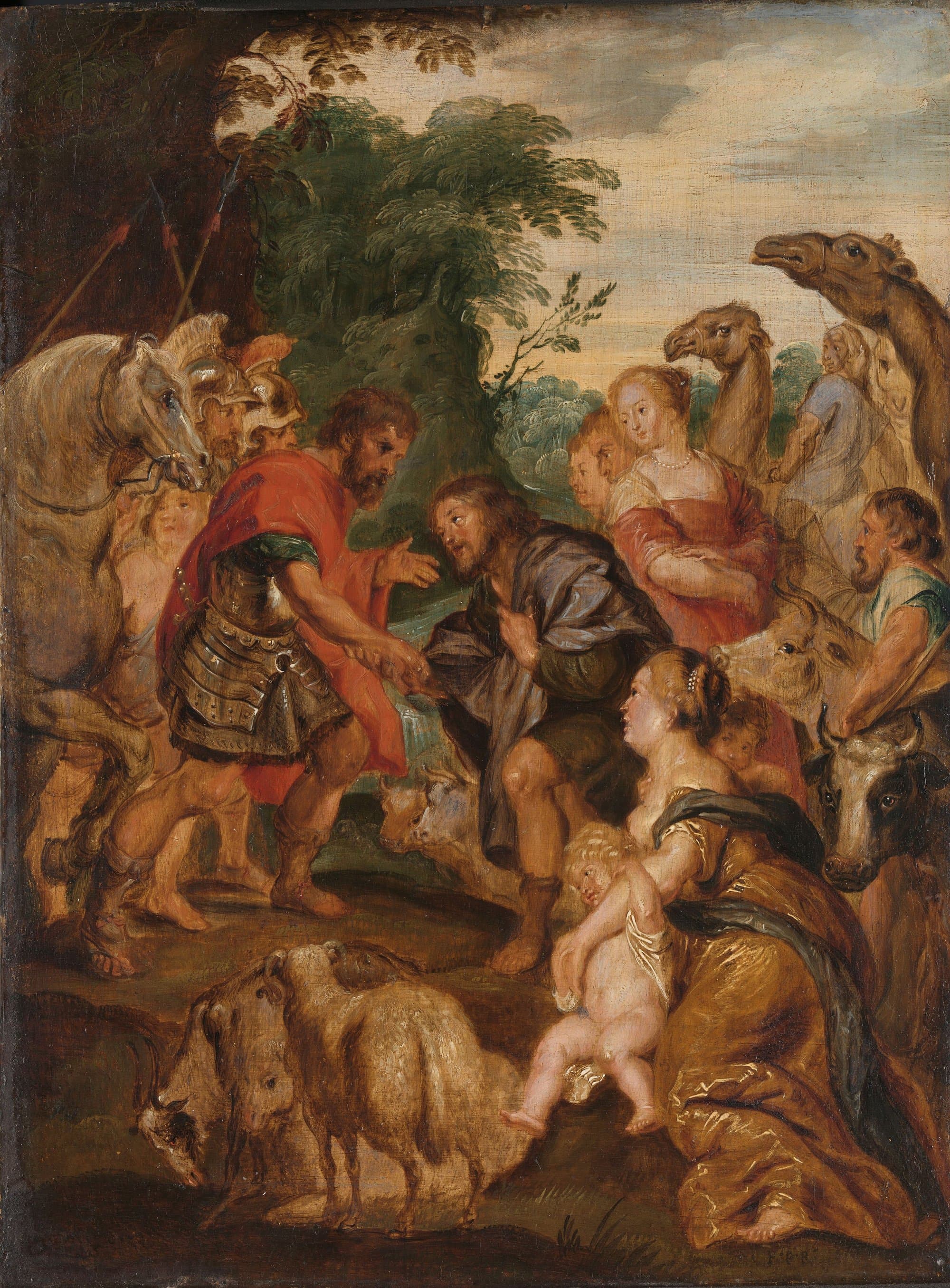 A bearded man in armour bends to take the hands of a man who bows before him, while women, children, camels, horses and sheep crowd around them.