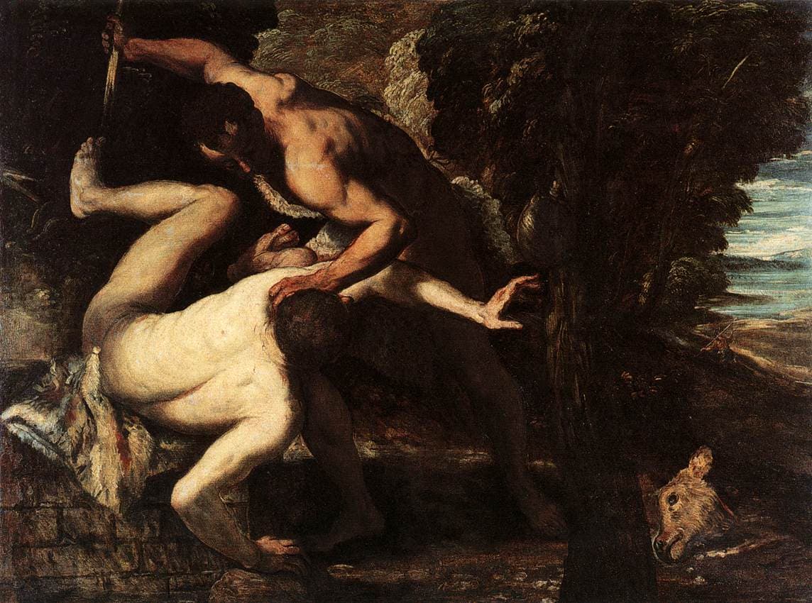 A man raises a blade above his head as he forces his brother face down on the ground beside a dark tree, with an animal's head at its foot.