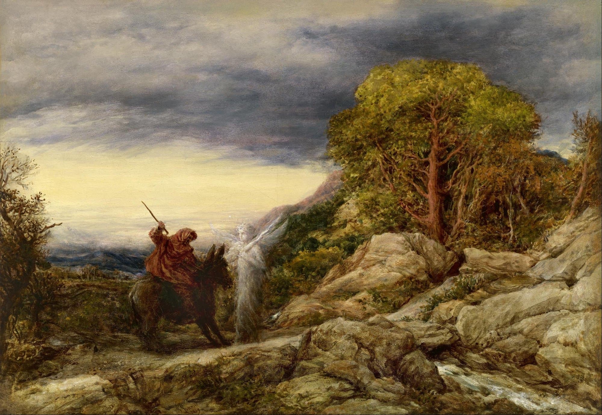 A man on a donkey raises a stick on a rocky mountain path while a pale angel stands in the way under a stormy sky.