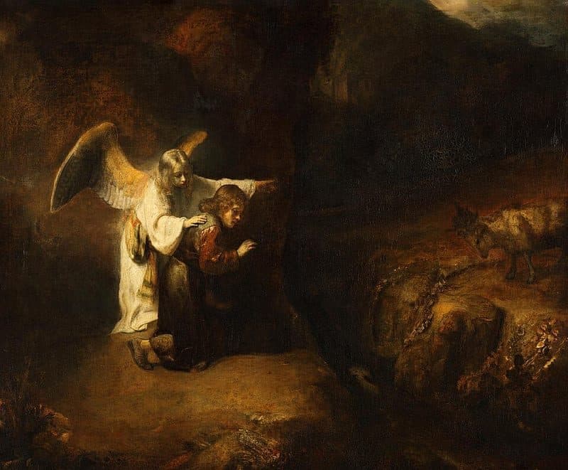 Rembrandt's painting of Daniel kneeling on a dark hillside while the angel Gabriel lays a hand on his shoulder and points across the valley to a ram