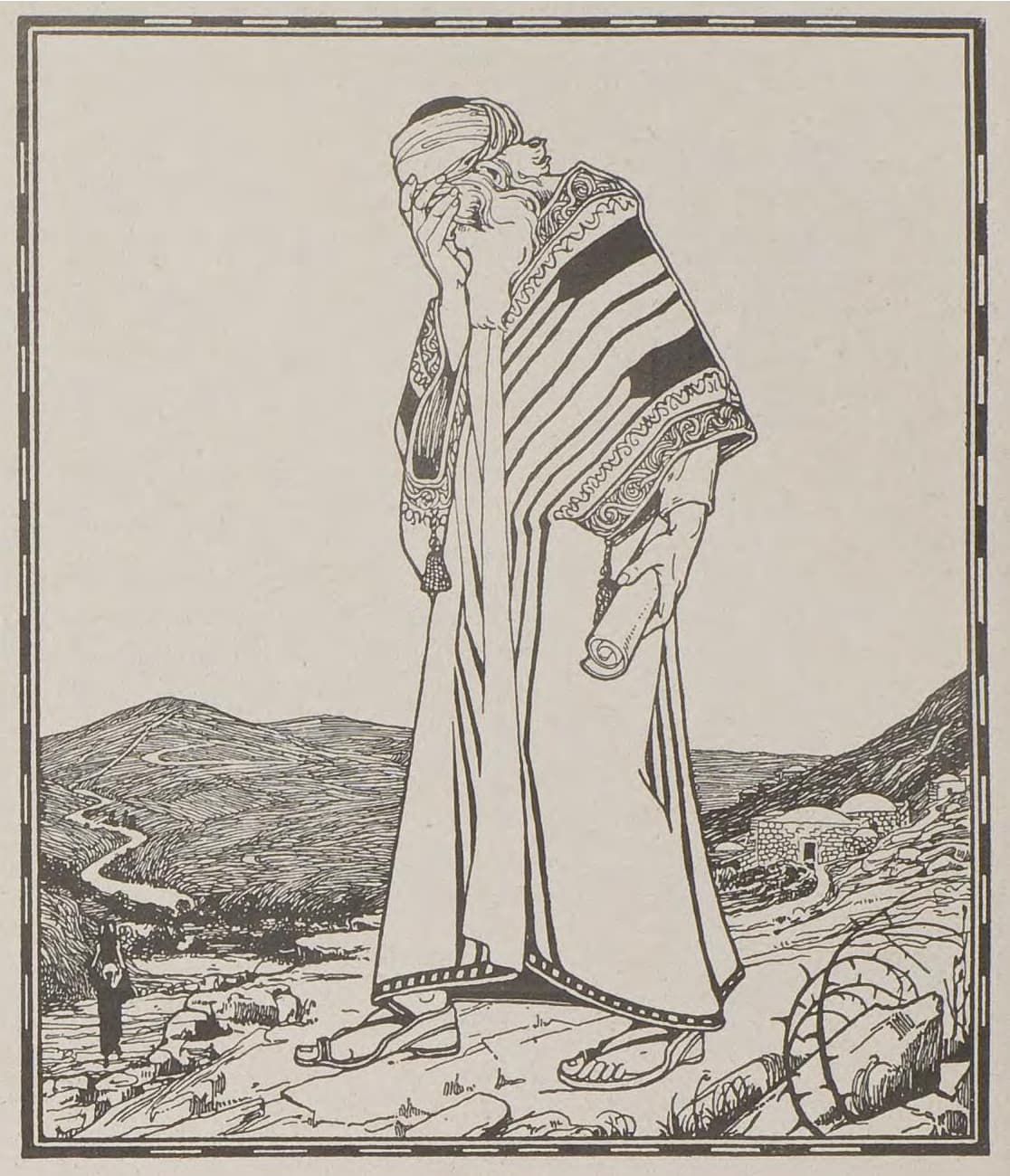 A drawing of a bearded man in a striped prayer shawl standing on a stony hilltop with one hand over his eyes and a scroll in the other, while a road winds down through the hills behind him and a small figure walks away in the distance.