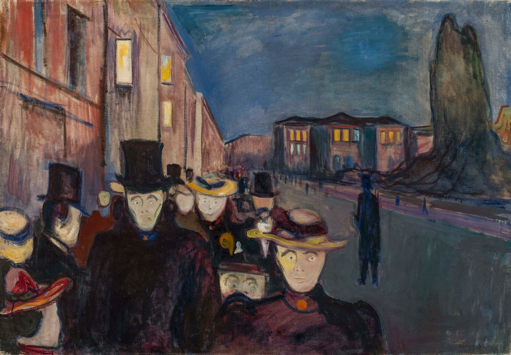 A crowd of pale, staring men in top hats and women in straw hats walks toward the viewer along a city street at dusk, while one dark figure walks alone down the empty road beside them.